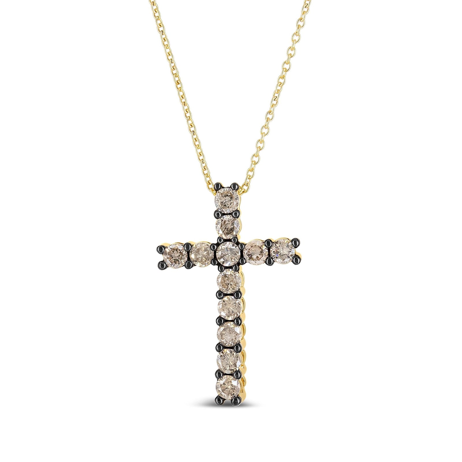 10K Yellow Gold Plated .925 Sterling Silver 1.00 Cttw Traditional Diamond Cross 18" Pendant Necklace (Champagne color, I2-I3 Clarity) - LinkagejewelrydesignLinkagejewelrydesign
