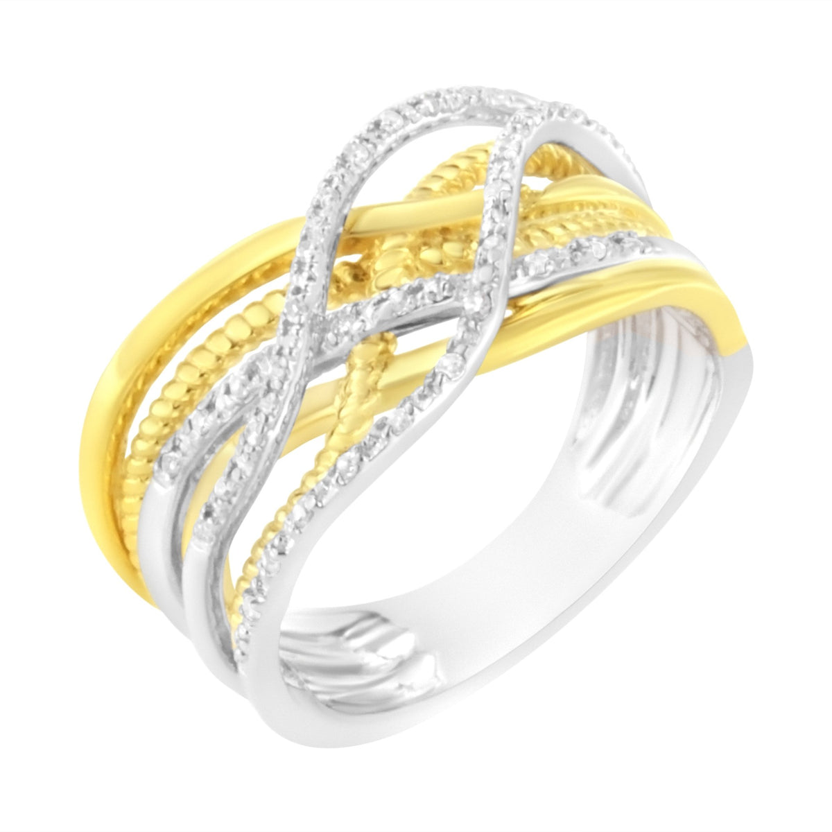10K Yellow Gold Plated .925 Sterling Silver 1/10 Cttw Diamond Multi Row Crossover Ring Band (I-J Color, I1-I2 Clarity) - Size 7 - LinkagejewelrydesignLinkagejewelrydesign