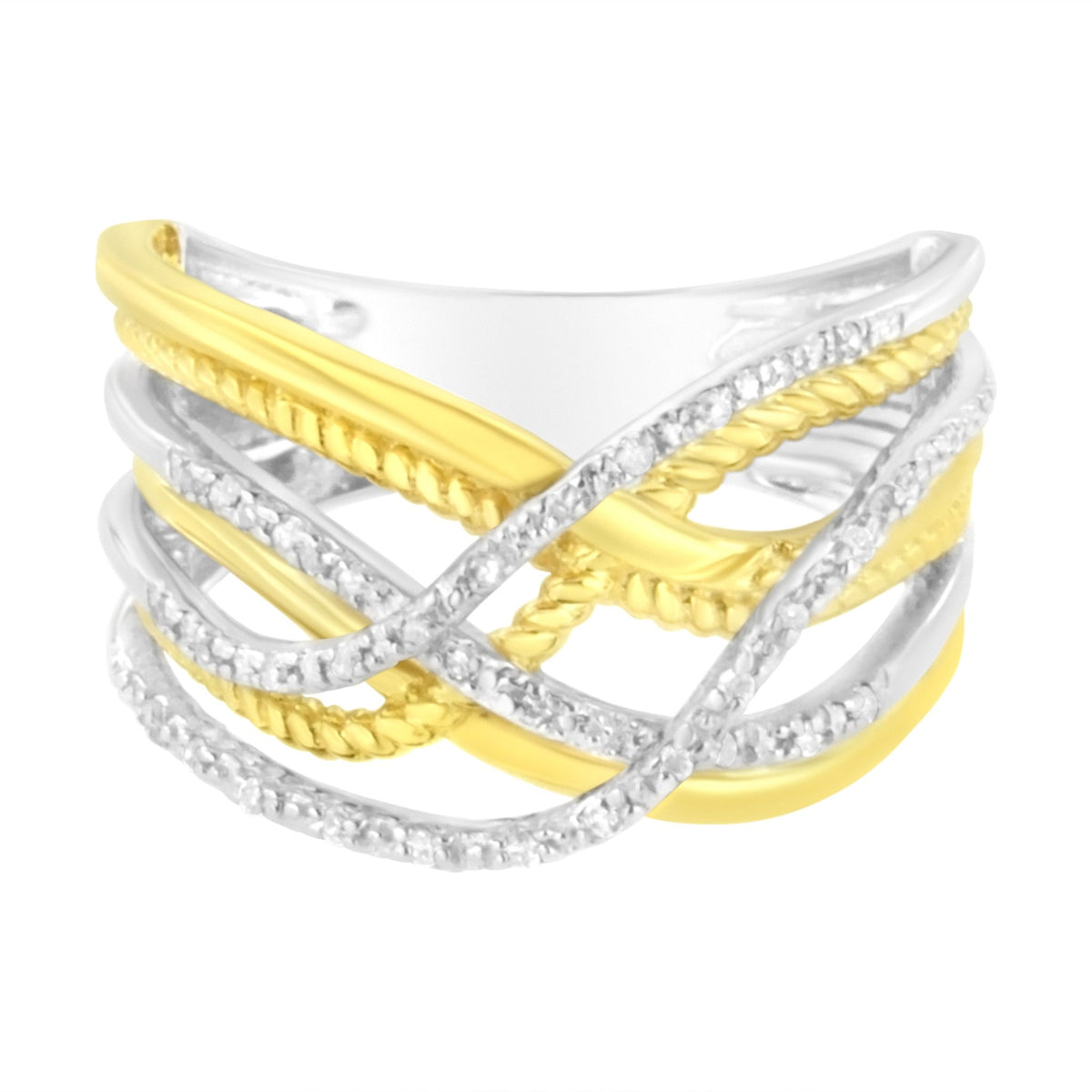 10K Yellow Gold Plated .925 Sterling Silver 1/10 Cttw Diamond Multi Row Crossover Ring Band (I-J Color, I1-I2 Clarity) - Size 7 - LinkagejewelrydesignLinkagejewelrydesign
