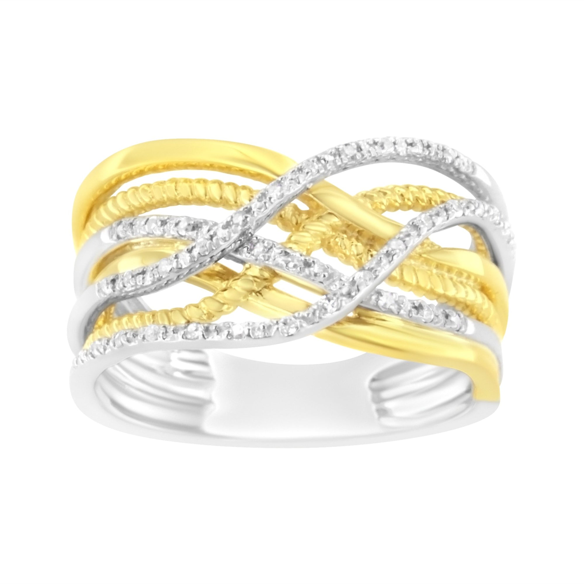 10K Yellow Gold Plated .925 Sterling Silver 1/10 Cttw Diamond Multi Row Crossover Ring Band (I-J Color, I1-I2 Clarity) - Size 7 - LinkagejewelrydesignLinkagejewelrydesign