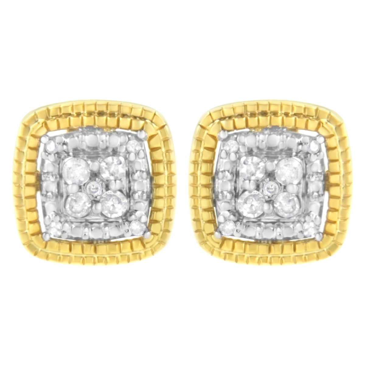 10K Yellow Gold Plated .925 Sterling Silver 1/10 Cttw Prong-Set Round Cut Diamond Square Shape with Milgrain Halo Stud Earrings (I-J Color, I2-I3 Clarity) - LinkagejewelrydesignLinkagejewelrydesign