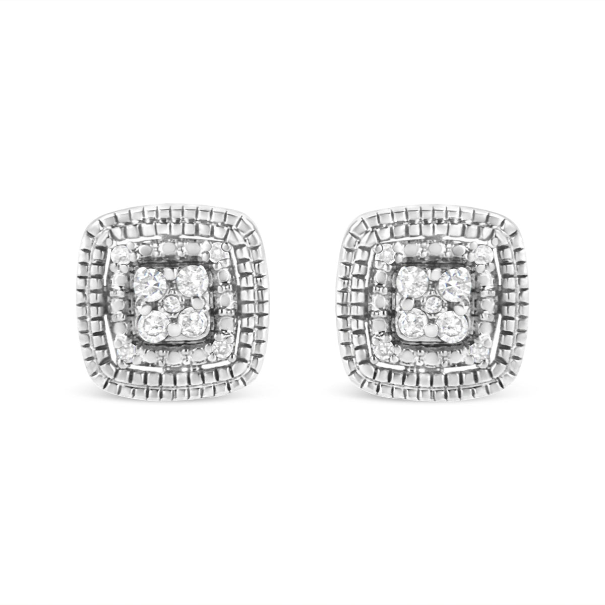 10K Yellow Gold Plated .925 Sterling Silver 1/10 Cttw Prong-Set Round Cut Diamond Square Shape with Milgrain Halo Stud Earrings (I-J Color, I2-I3 Clarity) - LinkagejewelrydesignLinkagejewelrydesign