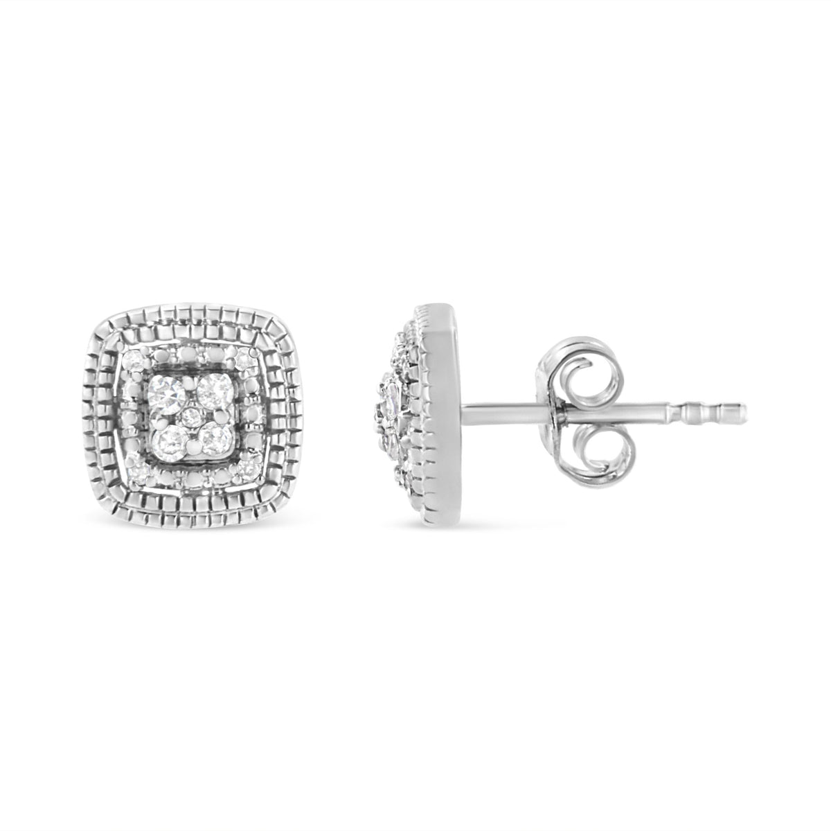 10K Yellow Gold Plated .925 Sterling Silver 1/10 Cttw Prong-Set Round Cut Diamond Square Shape with Milgrain Halo Stud Earrings (I-J Color, I2-I3 Clarity) - LinkagejewelrydesignLinkagejewelrydesign