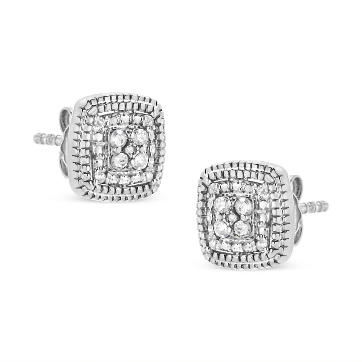 10K Yellow Gold Plated .925 Sterling Silver 1/10 Cttw Prong-Set Round Cut Diamond Square Shape with Milgrain Halo Stud Earrings (I-J Color, I2-I3 Clarity) - LinkagejewelrydesignLinkagejewelrydesign