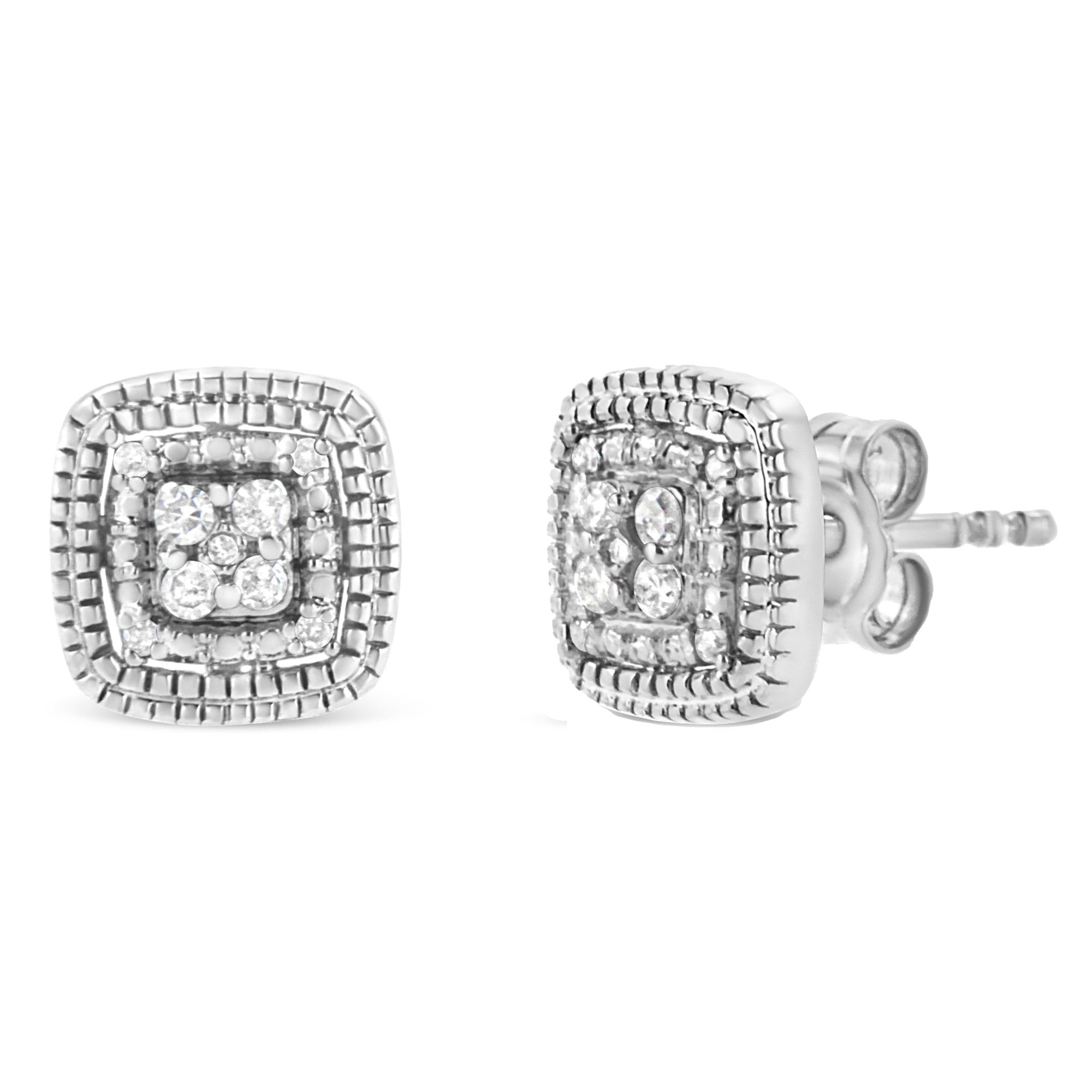 10K Yellow Gold Plated .925 Sterling Silver 1/10 Cttw Prong-Set Round Cut Diamond Square Shape with Milgrain Halo Stud Earrings (I-J Color, I2-I3 Clarity) - LinkagejewelrydesignLinkagejewelrydesign