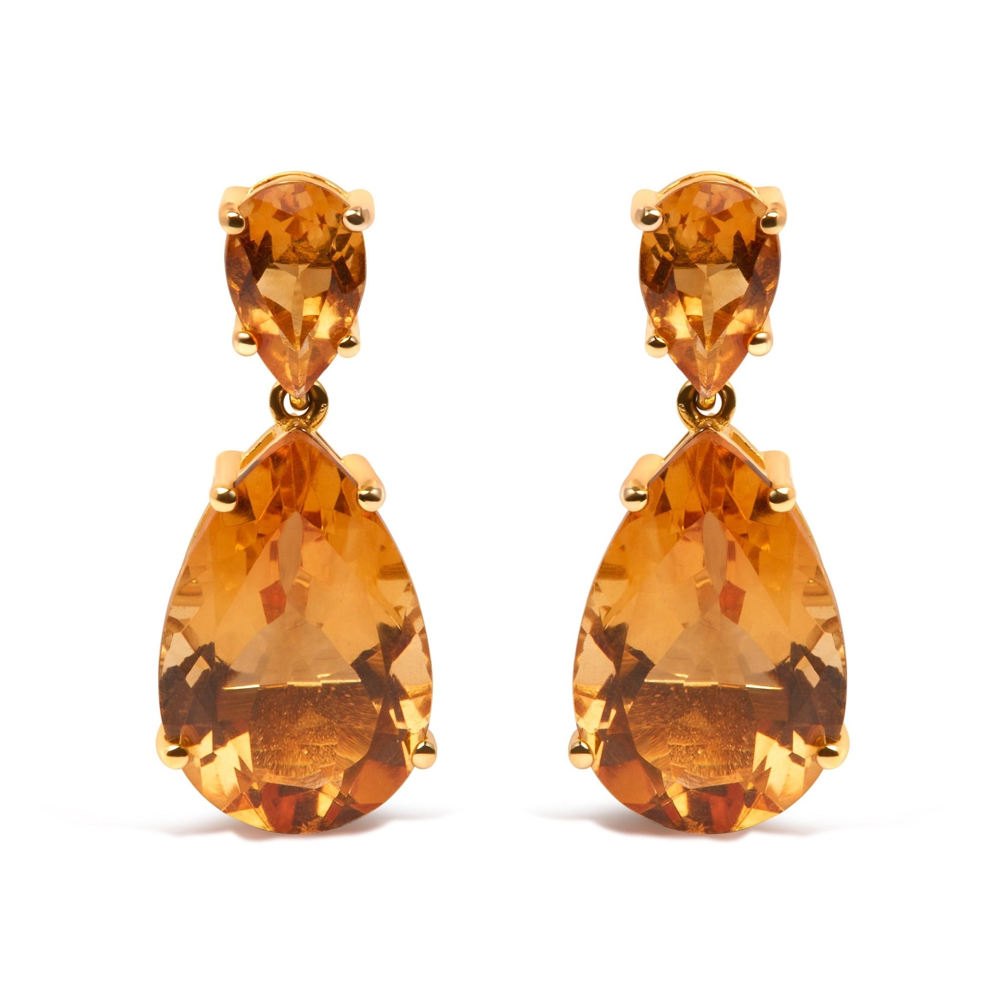 10K Yellow Gold Plated .925 Sterling Silver 12 1/3 Cttw Pear Shaped Orange Citrine Dangle Double Drop Stud Earring - LinkagejewelrydesignLinkagejewelrydesign