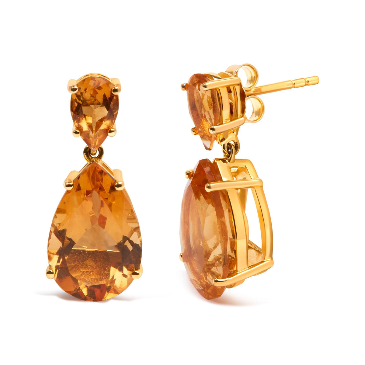 10K Yellow Gold Plated .925 Sterling Silver 12 1/3 Cttw Pear Shaped Orange Citrine Dangle Double Drop Stud Earring - LinkagejewelrydesignLinkagejewelrydesign