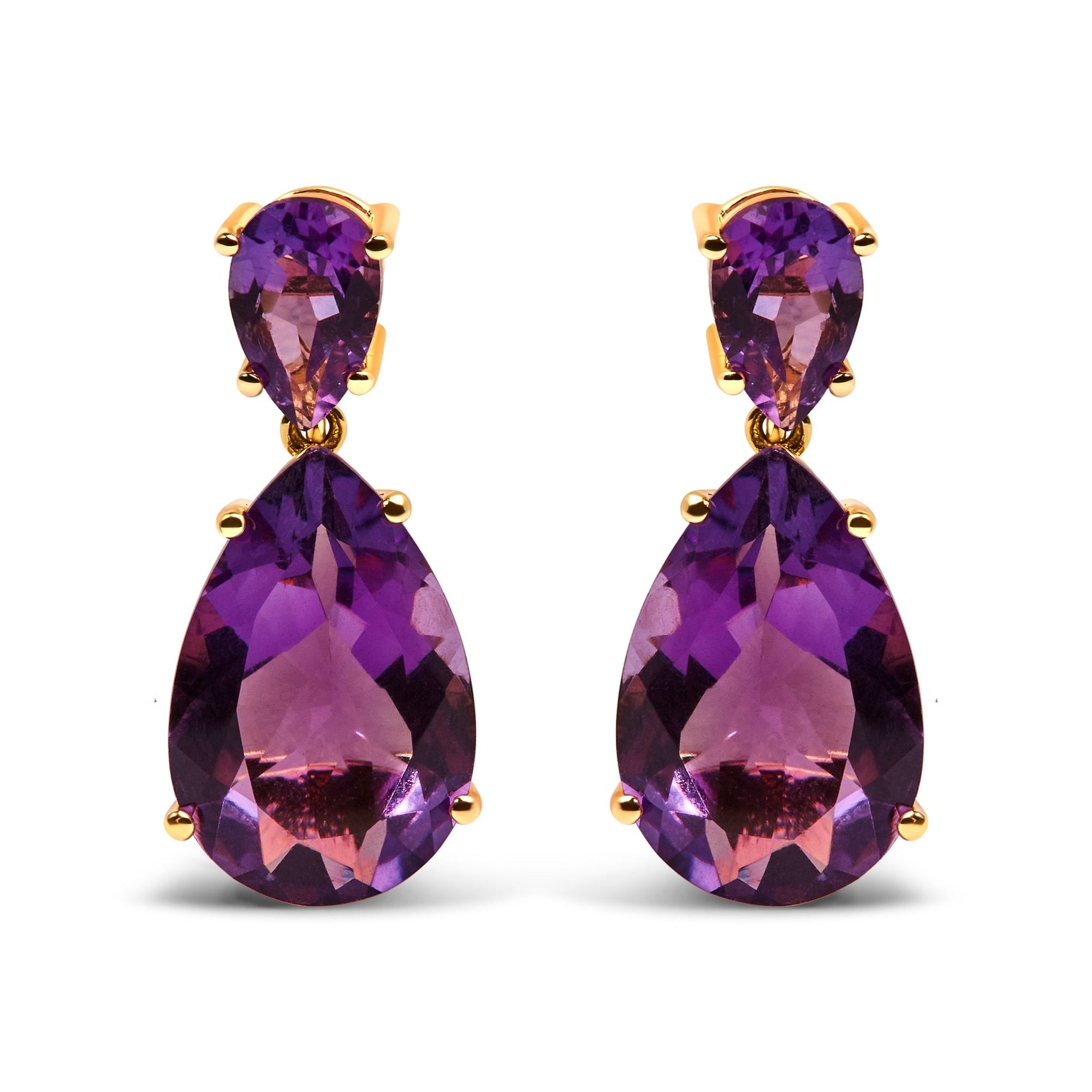 10K Yellow Gold Plated .925 Sterling Silver 12 2/5 Cttw Pear Shaped Purple Brazilian Amethyst Double Dangle and Drop Earring - LinkagejewelrydesignLinkagejewelrydesign