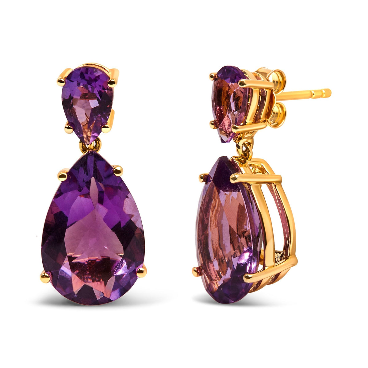 10K Yellow Gold Plated .925 Sterling Silver 12 2/5 Cttw Pear Shaped Purple Brazilian Amethyst Double Dangle and Drop Earring - LinkagejewelrydesignLinkagejewelrydesign