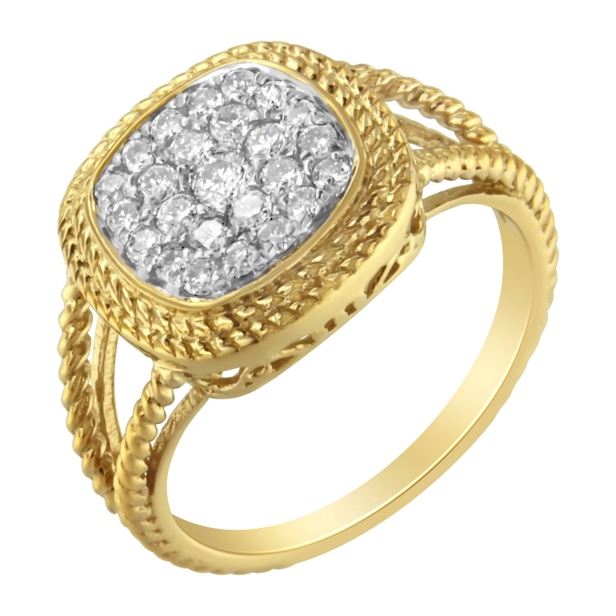 10K Yellow Gold Plated .925 Sterling Silver 1/2 Cttw Diamond Square Cushion Cluster Split Shank Cocktail Ring (J-K Color, I2-I3 Clarity) - Size 7 - LinkagejewelrydesignLinkagejewelrydesign