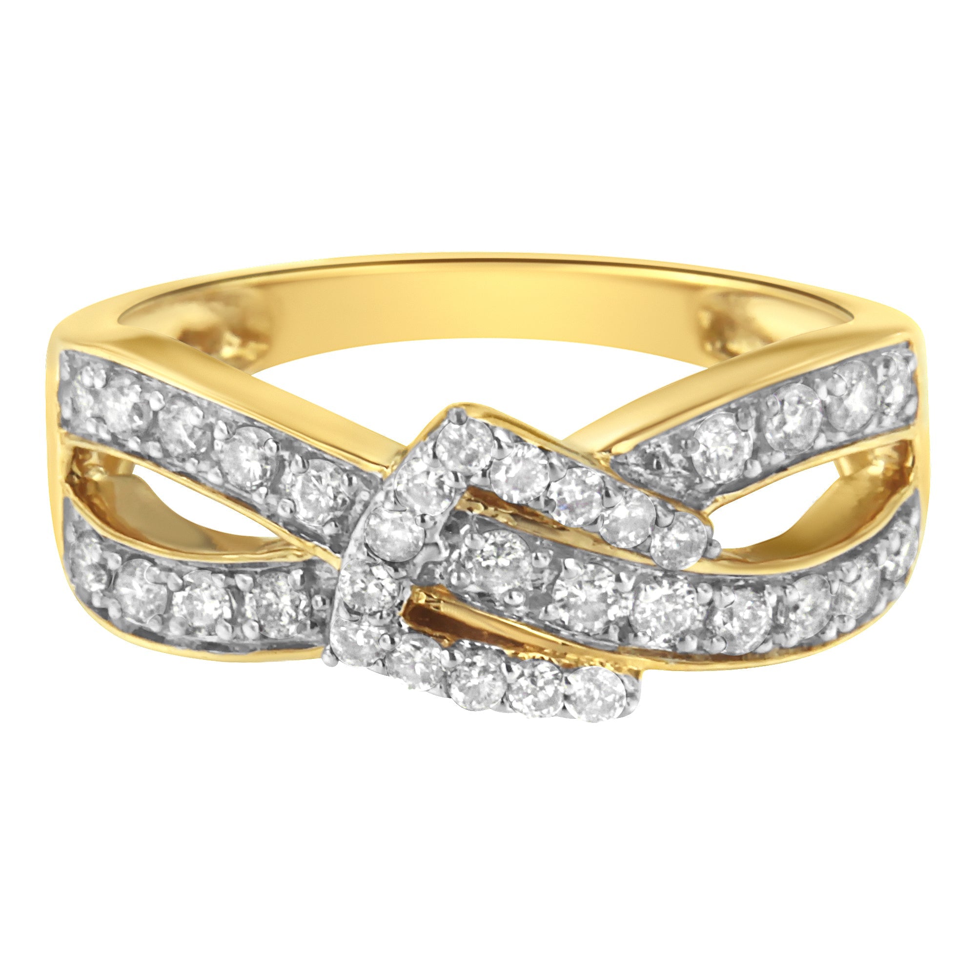 10K Yellow Gold Plated .925 Sterling Silver 1/2 cttw Round-Cut Diamond "Belt Buckle" Crossover Ring (J-K Color, I2-I3 Clarity) - Size 7 - LinkagejewelrydesignLinkagejewelrydesign