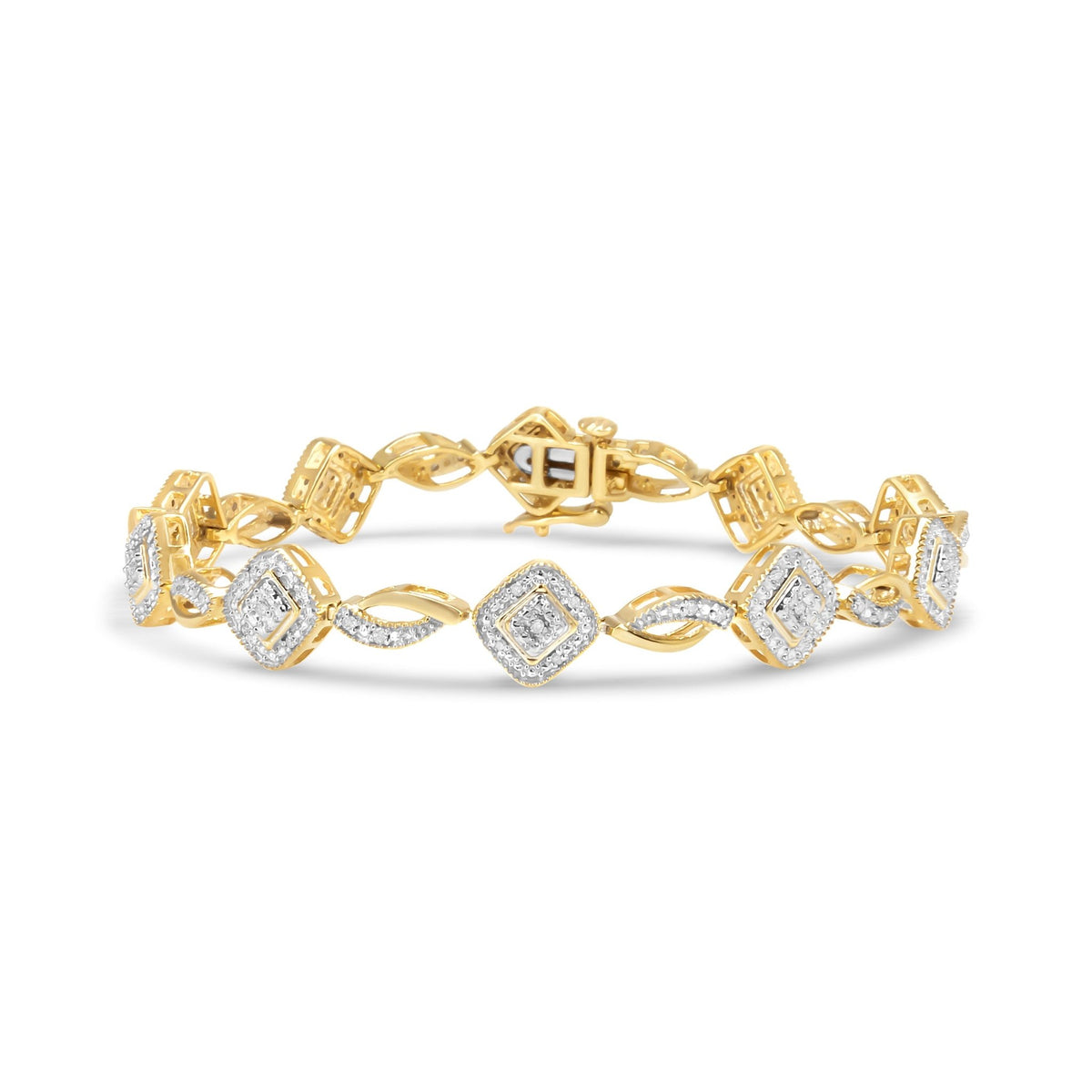 10K Yellow Gold Plated .925 Sterling Silver 1/4 Cttw Diamond Alternating Art Deco Square and Swirl Link 7.25&quot; Bracelet (I-J Color, I2-I3 Clarity) - LinkagejewelrydesignLinkagejewelrydesign