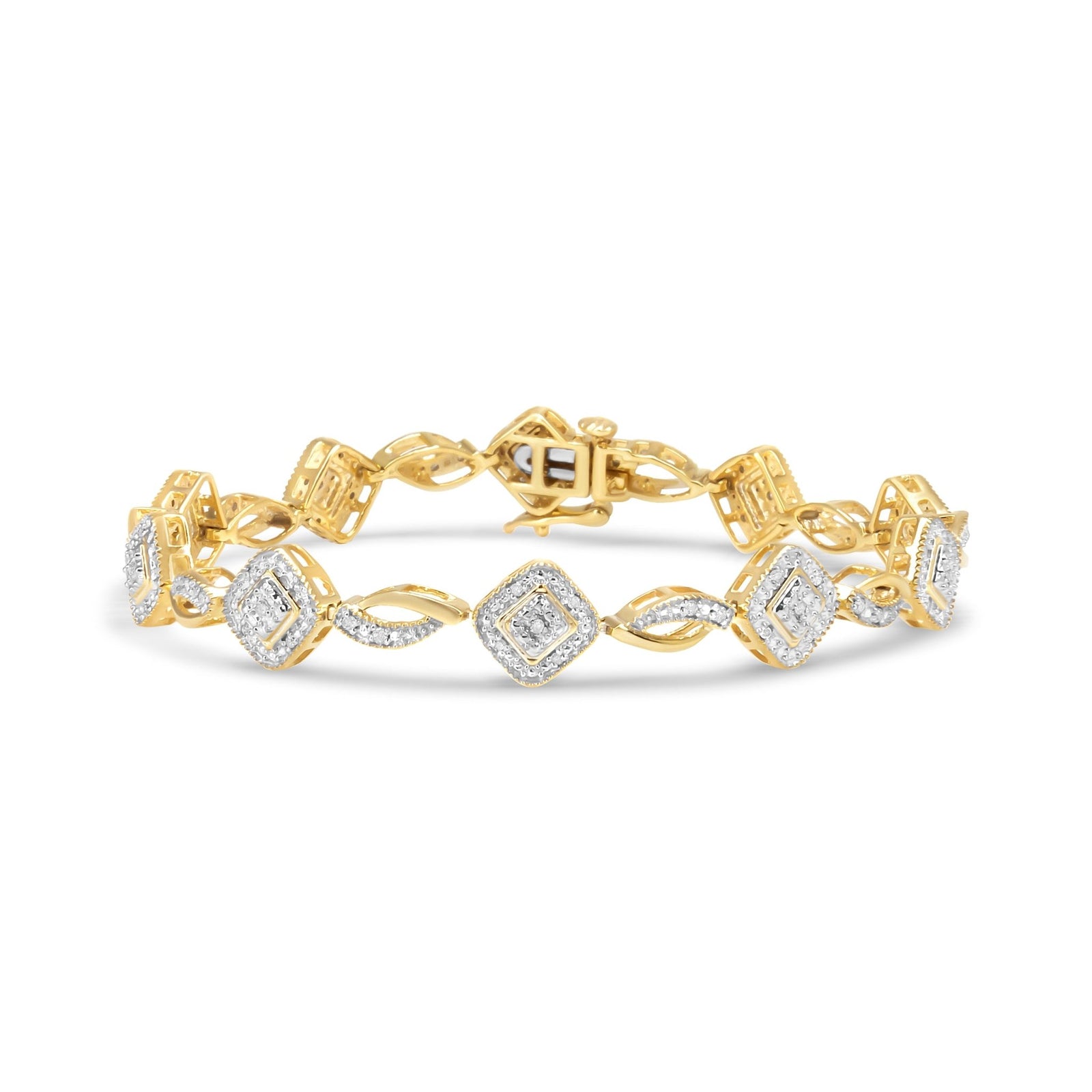 10K Yellow Gold Plated .925 Sterling Silver 1/4 Cttw Diamond Alternating Art Deco Square and Swirl Link 7.25" Bracelet (I-J Color, I2-I3 Clarity) - LinkagejewelrydesignLinkagejewelrydesign