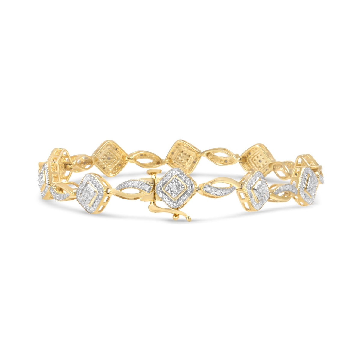 10K Yellow Gold Plated .925 Sterling Silver 1/4 Cttw Diamond Alternating Art Deco Square and Swirl Link 7.25&quot; Bracelet (I-J Color, I2-I3 Clarity) - LinkagejewelrydesignLinkagejewelrydesign