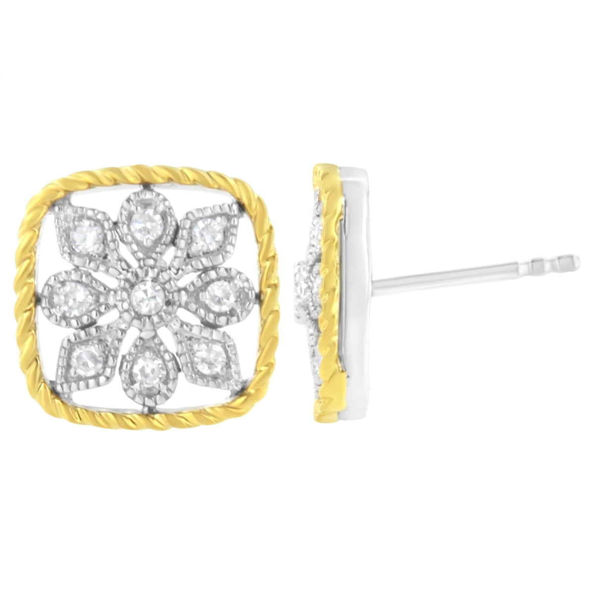 10K Yellow Gold Plated .925 Sterling Silver 1/4 cttw Diamond "Flower in a Box" Stud Earrings (I-J Color, I2-I3 Clarity) - LinkagejewelrydesignLinkagejewelrydesign
