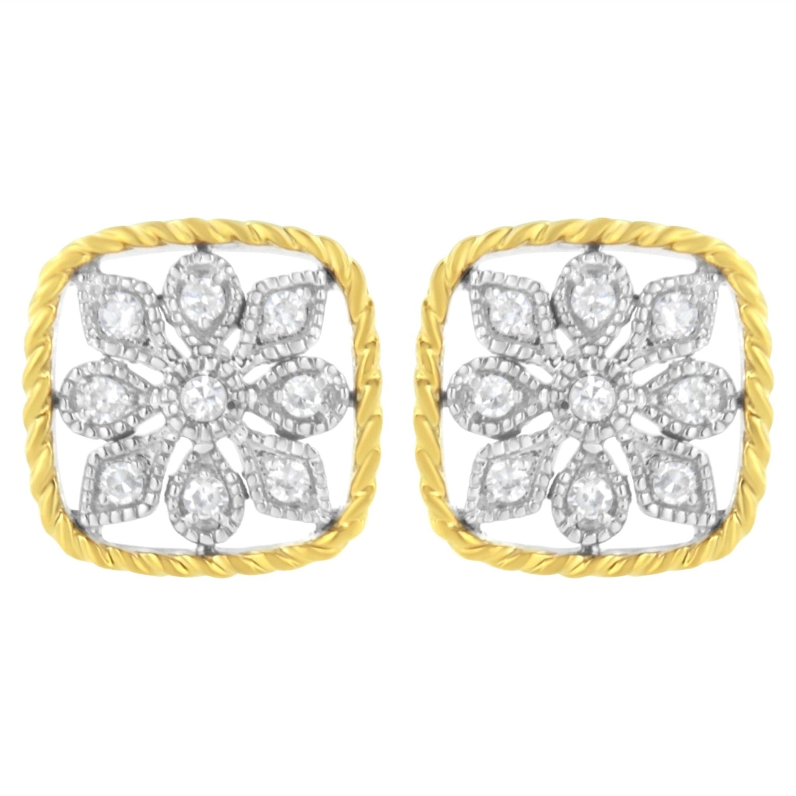 10K Yellow Gold Plated .925 Sterling Silver 1/4 cttw Diamond "Flower in a Box" Stud Earrings (I-J Color, I2-I3 Clarity) - LinkagejewelrydesignLinkagejewelrydesign