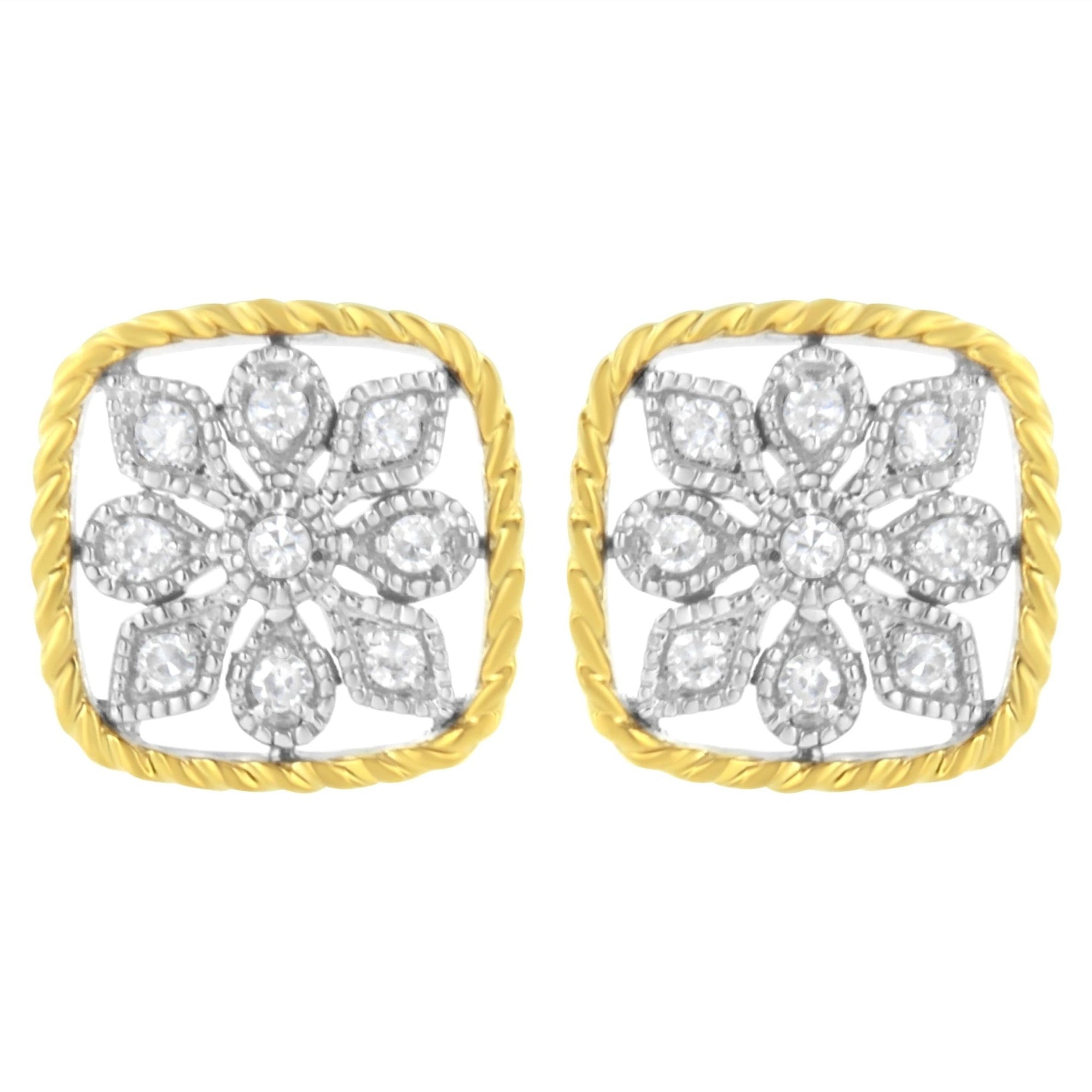 10K Yellow Gold Plated .925 Sterling Silver 1/4 cttw Diamond "Flower in a Box" Stud Earrings (I-J Color, I2-I3 Clarity) - LinkagejewelrydesignLinkagejewelrydesign