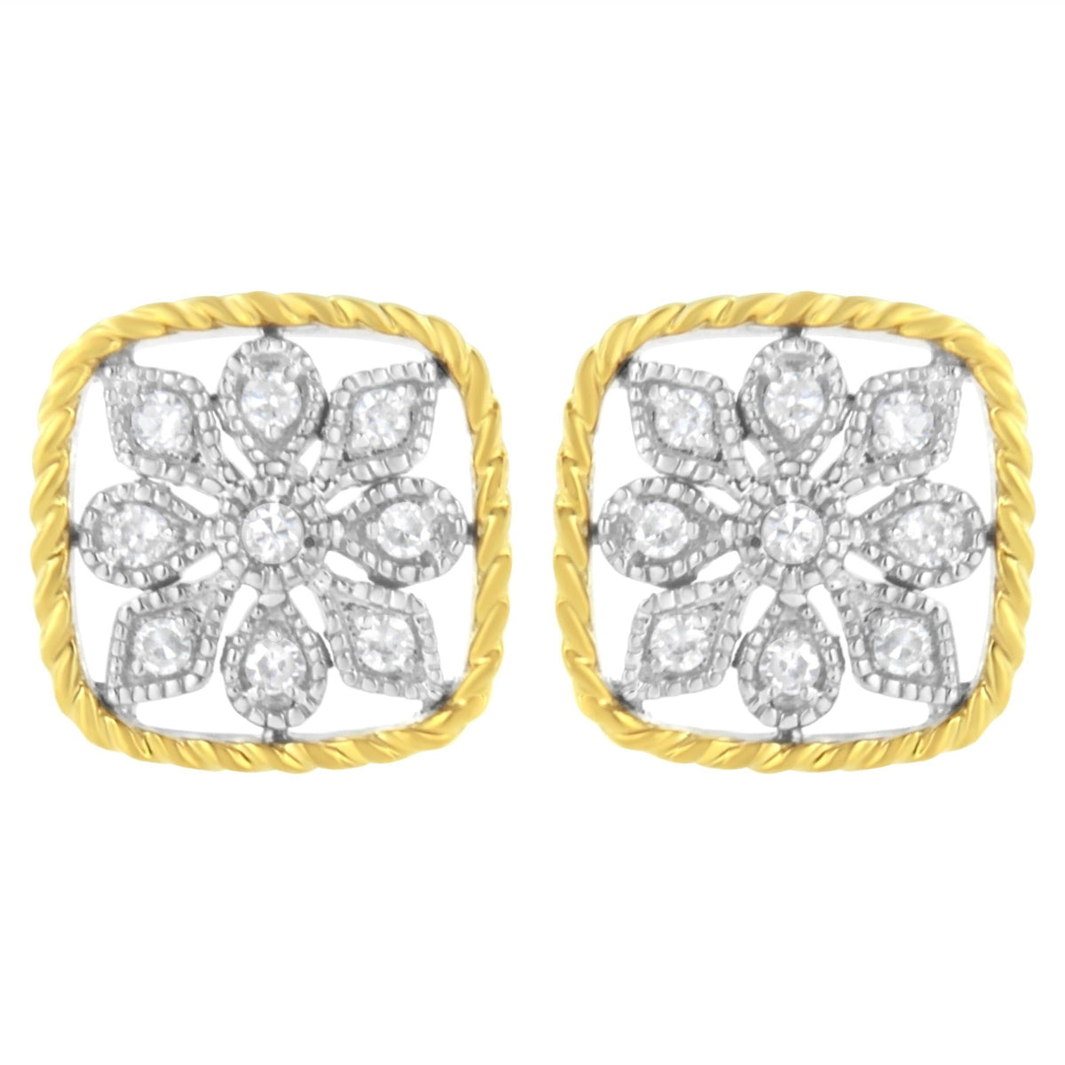 10K Yellow Gold Plated .925 Sterling Silver 1/4 cttw Diamond "Flower in a Box" Stud Earrings (I-J Color, I2-I3 Clarity) - LinkagejewelrydesignLinkagejewelrydesign