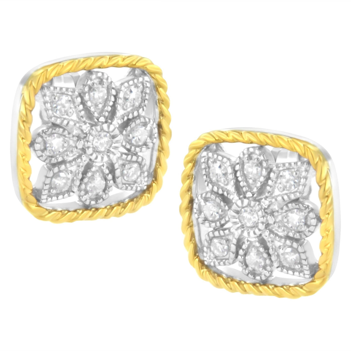 10K Yellow Gold Plated .925 Sterling Silver 1/4 cttw Diamond "Flower in a Box" Stud Earrings (I-J Color, I2-I3 Clarity) - LinkagejewelrydesignLinkagejewelrydesign