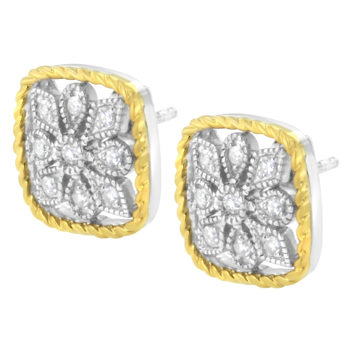 10K Yellow Gold Plated .925 Sterling Silver 1/4 cttw Diamond "Flower in a Box" Stud Earrings (I-J Color, I2-I3 Clarity) - LinkagejewelrydesignLinkagejewelrydesign