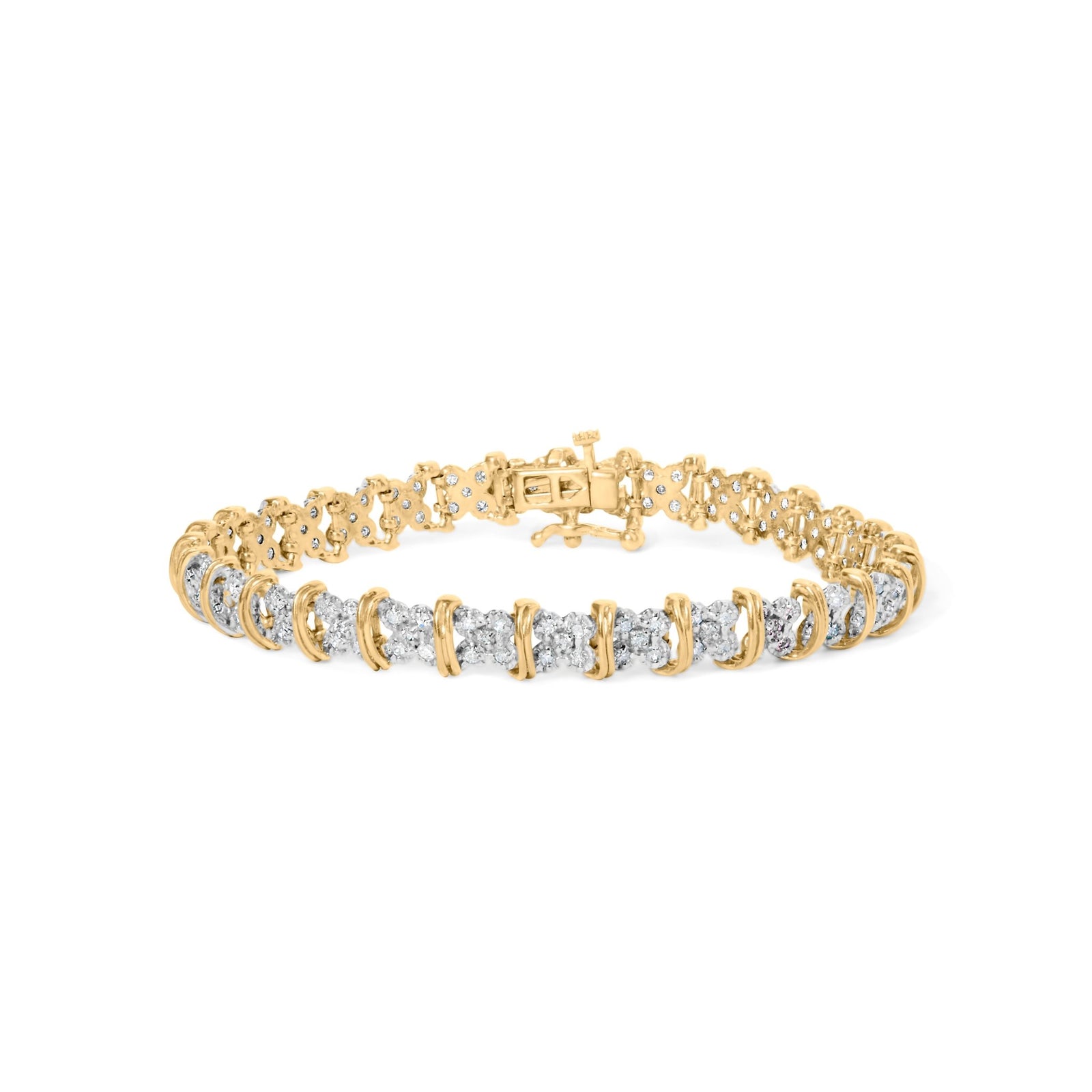 10K Yellow Gold Plated .925 Sterling Silver 2.0 Cttw Round Diamond Cluster "X" Shaped Link Bracelet (H-I Color, I3 Clarity) - 7" - LinkagejewelrydesignLinkagejewelrydesign