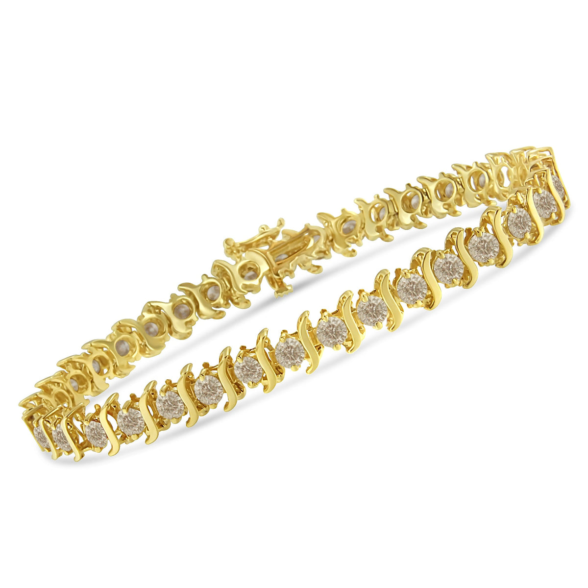 10K Yellow Gold Plated .925 Sterling Silver 7.0 cttw 2-Prong Set Round Brilliant Cut Diamond &quot;S&quot; Link Bracelet (J-K color, I1-I2 clarity) - 7&quot; - LinkagejewelrydesignLinkagejewelrydesign