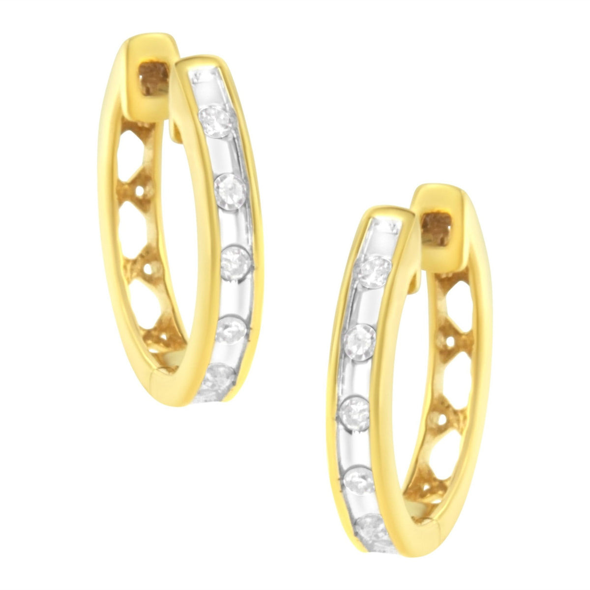 10K Yellow Gold Plated .925 Sterling Silver Channel Set Round-Cut Diamond Accent Classic Hoop Earrings (I-J Color, I1-I2 Clarity) - LinkagejewelrydesignLinkagejewelrydesign