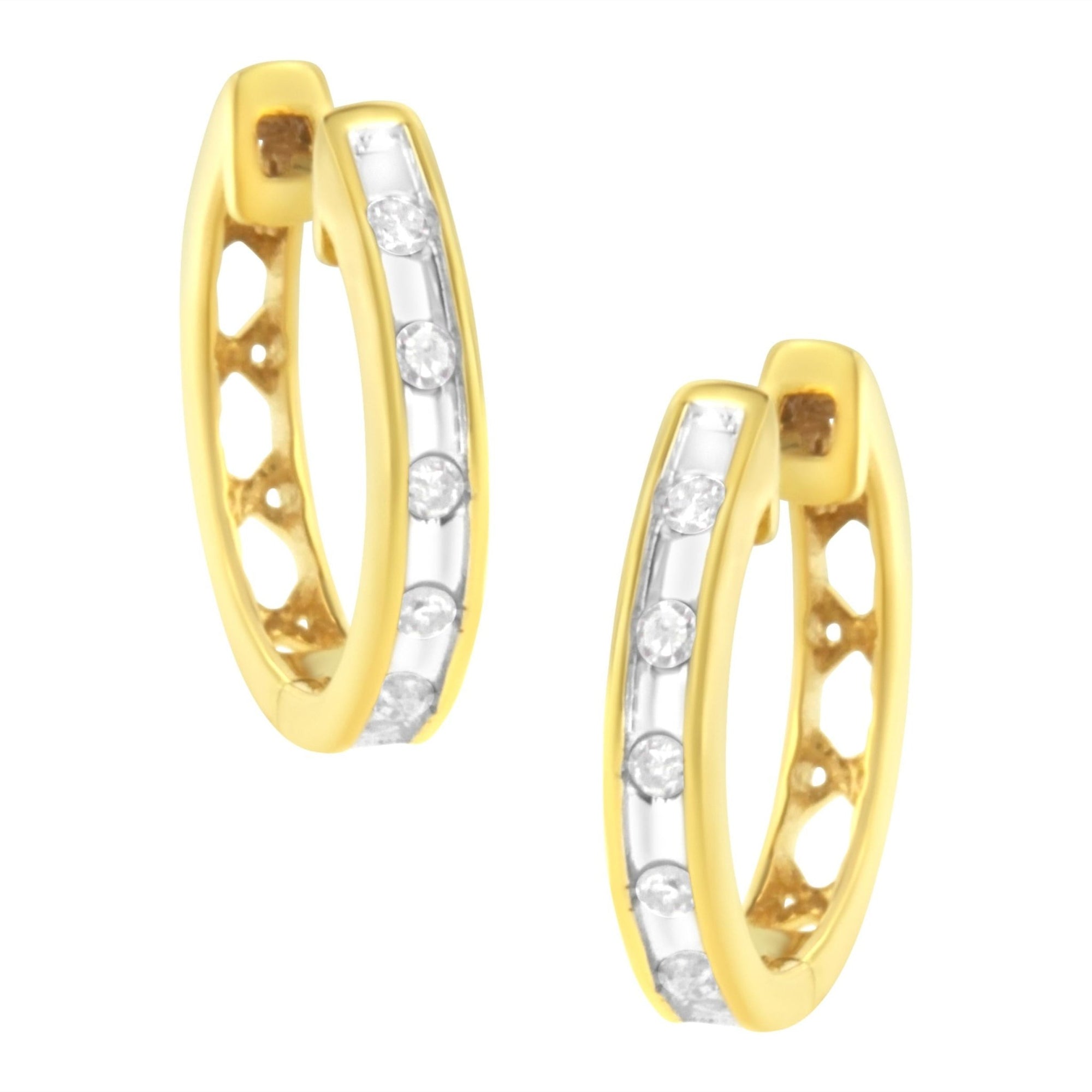 10K Yellow Gold Plated .925 Sterling Silver Channel Set Round-Cut Diamond Accent Classic Hoop Earrings (I-J Color, I1-I2 Clarity) - LinkagejewelrydesignLinkagejewelrydesign