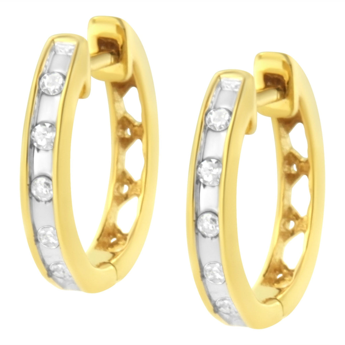 10K Yellow Gold Plated .925 Sterling Silver Channel Set Round-Cut Diamond Accent Classic Hoop Earrings (I-J Color, I1-I2 Clarity) - LinkagejewelrydesignLinkagejewelrydesign