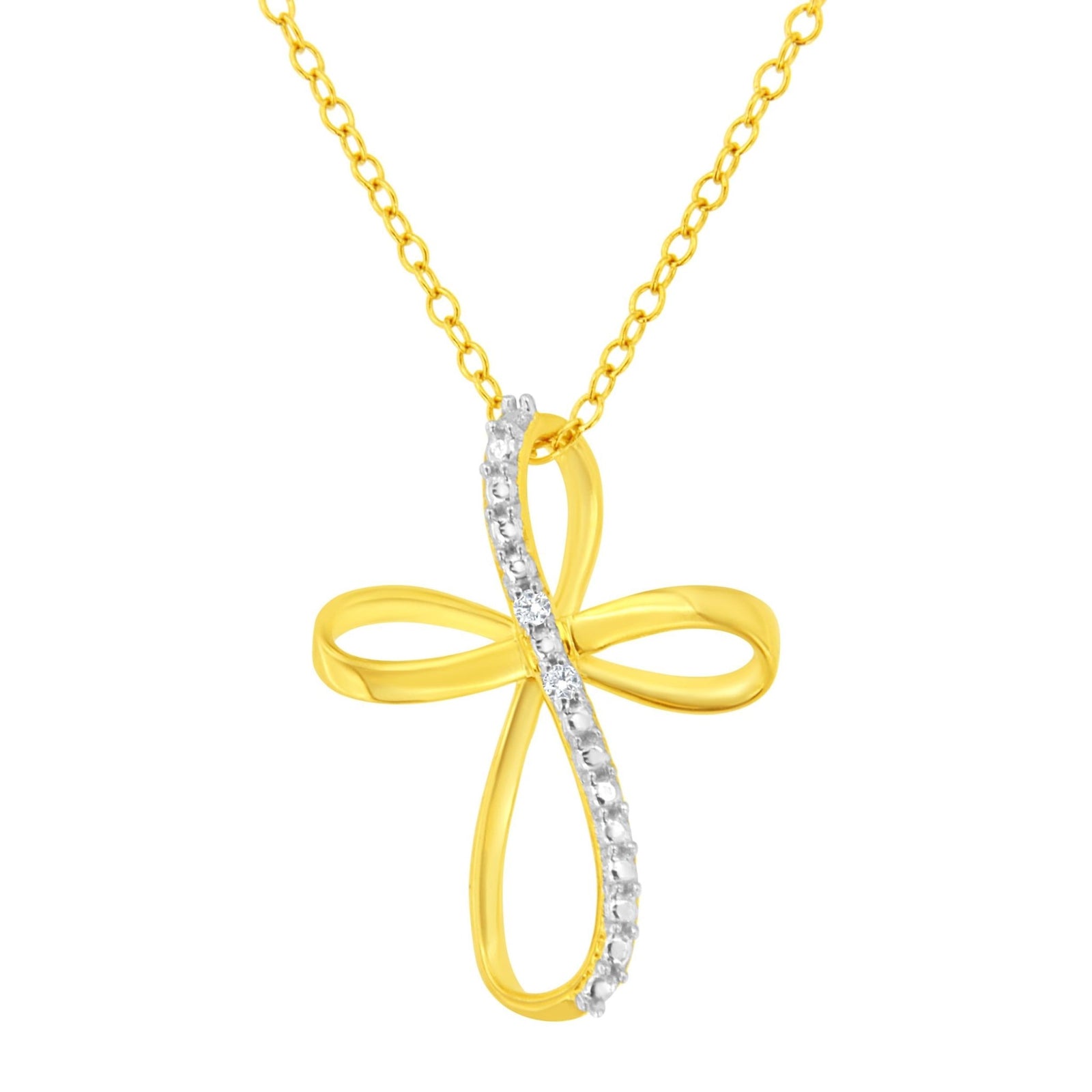 10K Yellow Gold Plated .925 Sterling Silver Diamond Accent Cross Ribbon 18" Pendant Necklace (I-J Color, I2-I3 Clarity) - LinkagejewelrydesignLinkagejewelrydesign