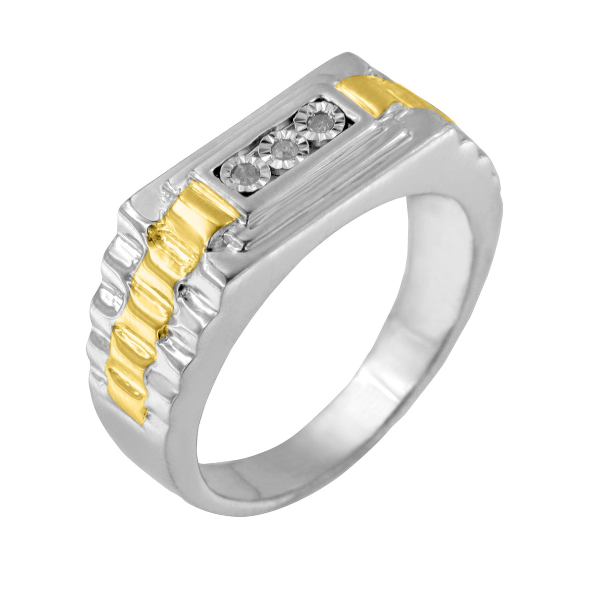 10K Yellow Gold Plated .925 Sterling Silver Diamond Accent Miracle-Set 3 Stone Ridged Band Gentlemen&#39;s Fashion Ring (I-J Color, I2-I3 Clarity) - Size 10 - LinkagejewelrydesignLinkagejewelrydesign