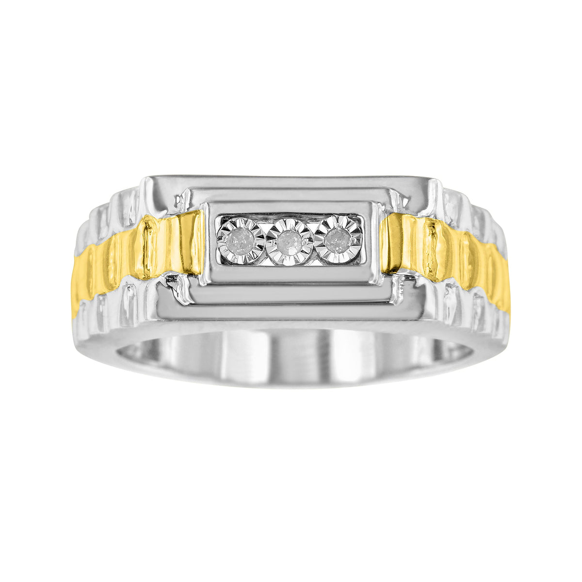 10K Yellow Gold Plated .925 Sterling Silver Diamond Accent Miracle-Set 3 Stone Ridged Band Gentlemen&#39;s Fashion Ring (I-J Color, I2-I3 Clarity) - Size 10 - LinkagejewelrydesignLinkagejewelrydesign