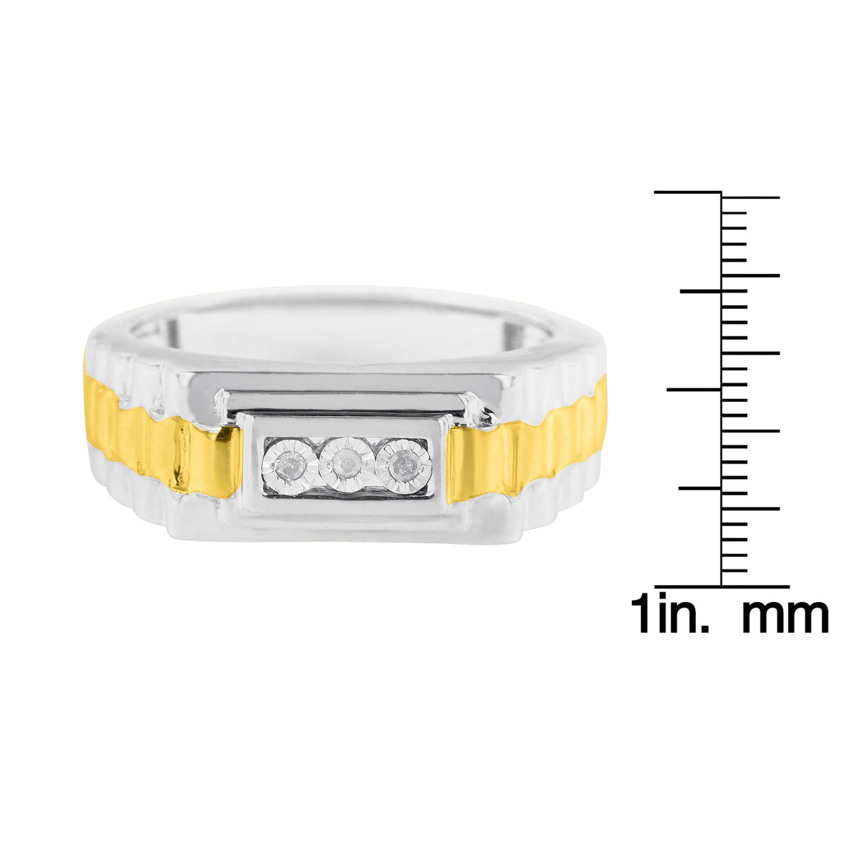 10K Yellow Gold Plated .925 Sterling Silver Diamond Accent Miracle-Set 3 Stone Ridged Band Gentlemen&#39;s Fashion Ring (I-J Color, I2-I3 Clarity) - Size 10 - LinkagejewelrydesignLinkagejewelrydesign