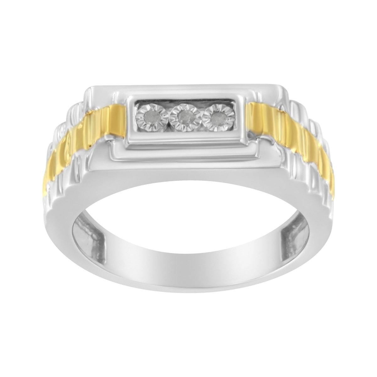 10K Yellow Gold Plated .925 Sterling Silver Diamond Accent Miracle-Set 3 Stone Ridged Band Gentlemen&#39;s Fashion Ring (I-J Color, I2-I3 Clarity) - Size 11 - LinkagejewelrydesignLinkagejewelrydesign