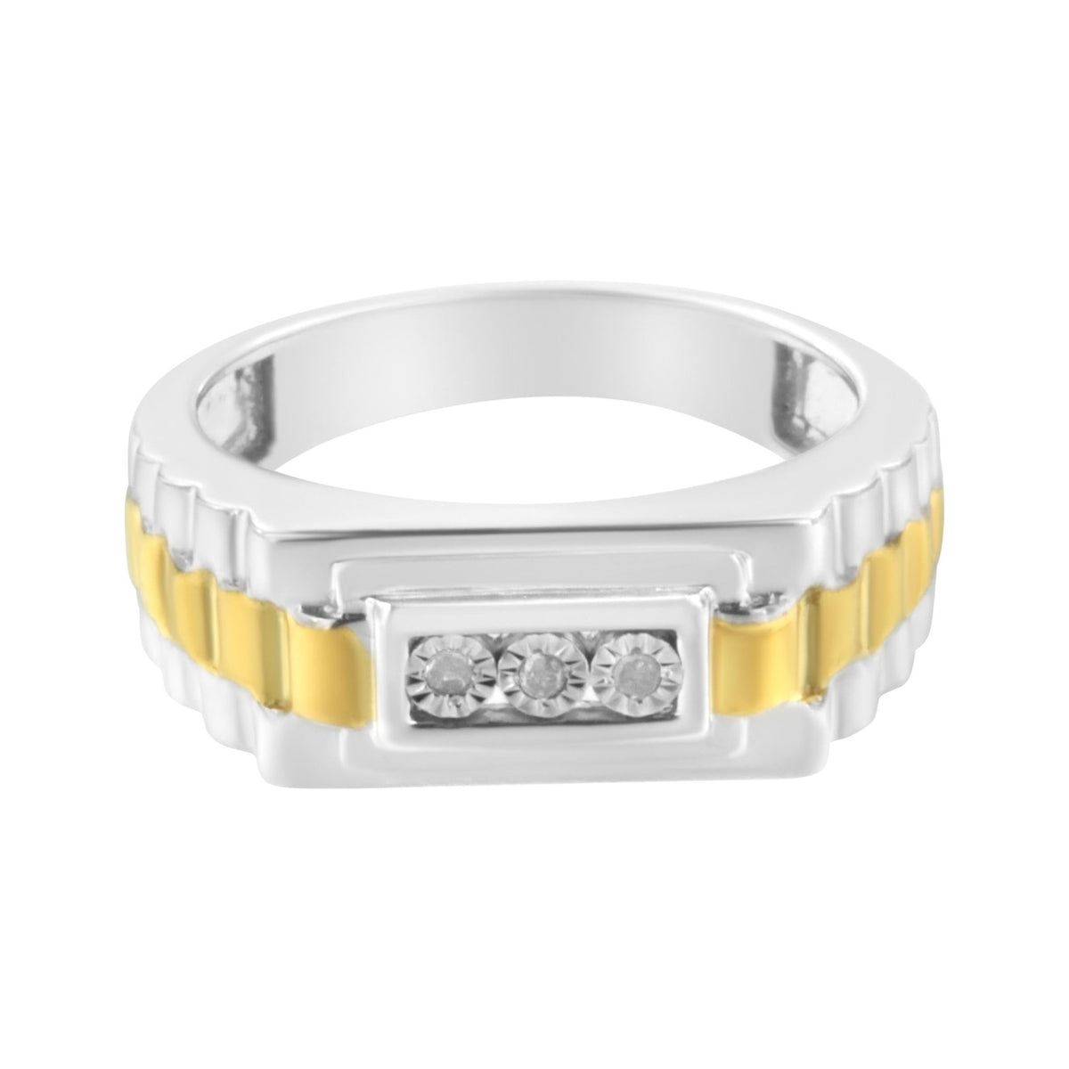 10K Yellow Gold Plated .925 Sterling Silver Diamond Accent Miracle-Set 3 Stone Ridged Band Gentlemen&#39;s Fashion Ring (I-J Color, I2-I3 Clarity) - Size 11 - LinkagejewelrydesignLinkagejewelrydesign