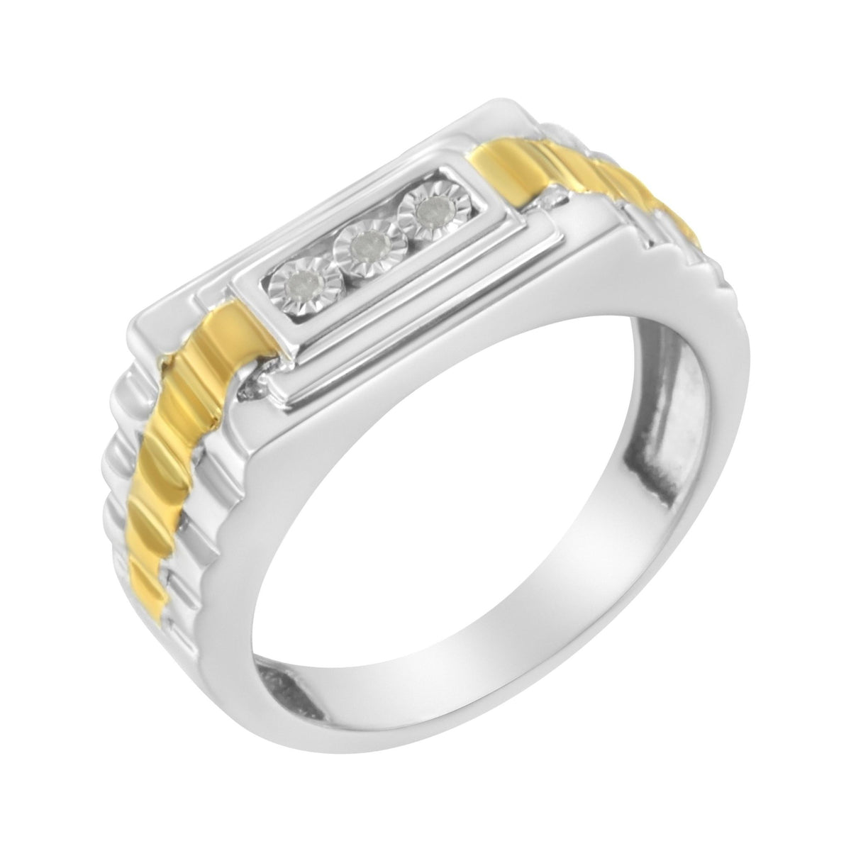 10K Yellow Gold Plated .925 Sterling Silver Diamond Accent Miracle-Set 3 Stone Ridged Band Gentlemen&#39;s Fashion Ring (I-J Color, I2-I3 Clarity) - Size 11 - LinkagejewelrydesignLinkagejewelrydesign