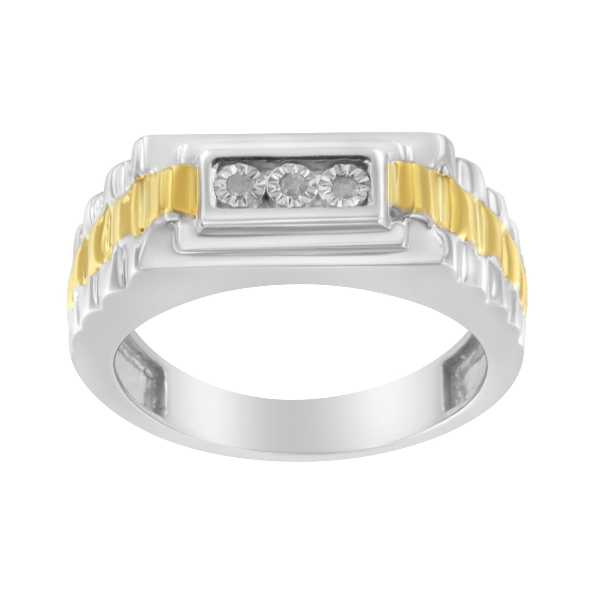 10K Yellow Gold Plated .925 Sterling Silver Diamond Accent Miracle-Set 3 Stone Ridged Band Gentlemen's Fashion Ring (I-J Color, I2-I3 Clarity) - Size 12 - LinkagejewelrydesignLinkagejewelrydesign