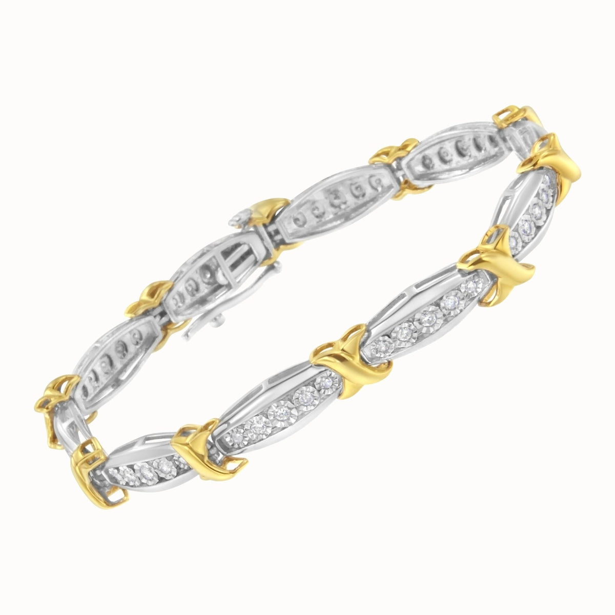 10K Yellow Gold Plated .925 Sterling Silver Two Tone 3/4 CttwDiamond X &amp; O Link Tennis Bracelet (H-I Color, I1-I2 Clarity) - 7” - LinkagejewelrydesignLinkagejewelrydesign