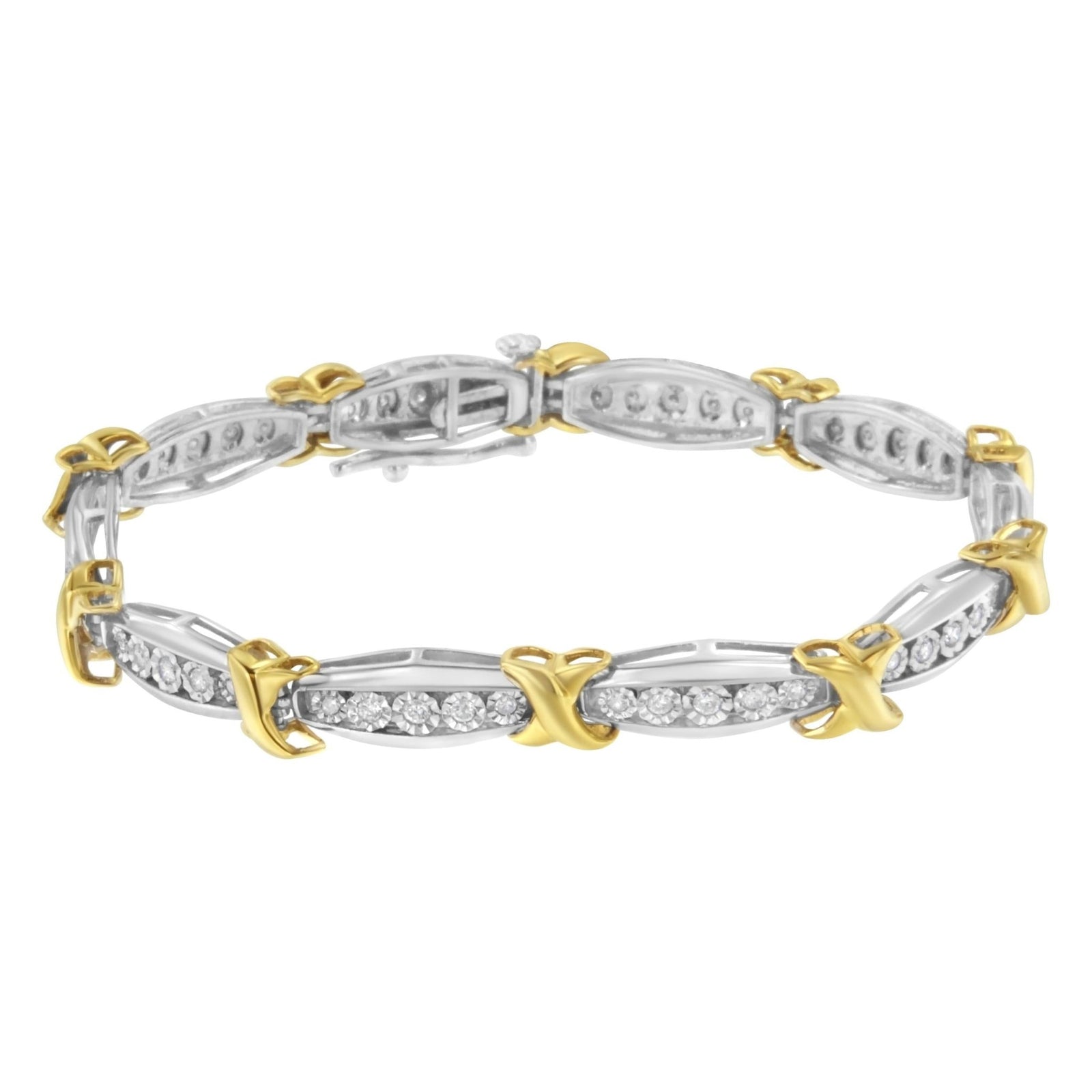 10K Yellow Gold Plated .925 Sterling Silver Two Tone 3/4 CttwDiamond X & O Link Tennis Bracelet (H-I Color, I1-I2 Clarity) - 7” - LinkagejewelrydesignLinkagejewelrydesign