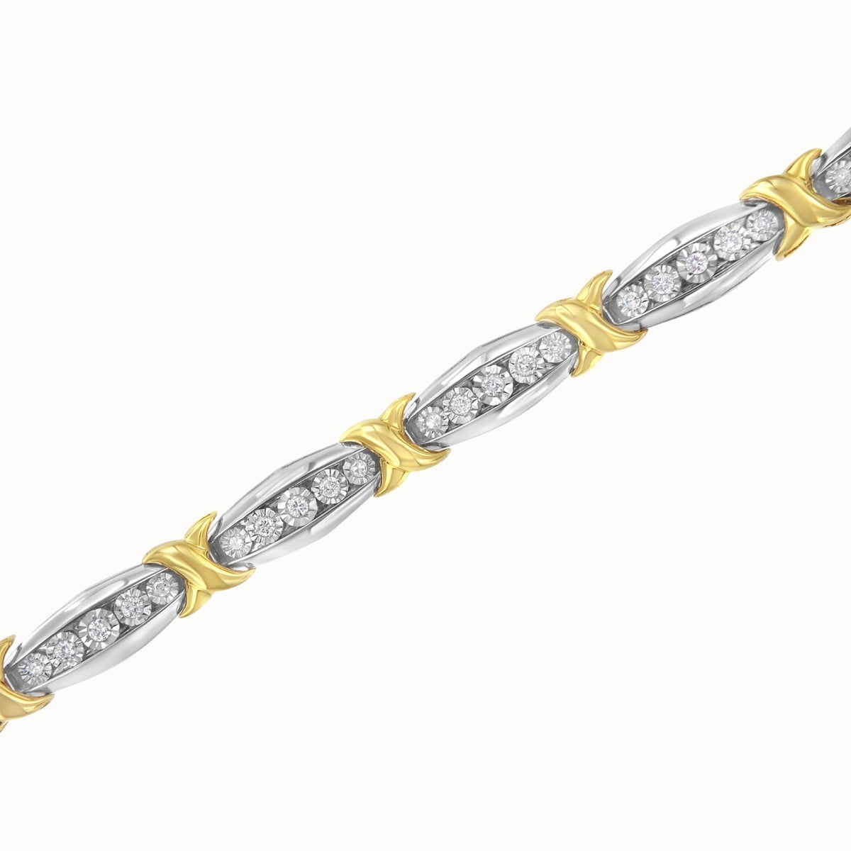 10K Yellow Gold Plated .925 Sterling Silver Two Tone 3/4 CttwDiamond X &amp; O Link Tennis Bracelet (H-I Color, I1-I2 Clarity) - 7” - LinkagejewelrydesignLinkagejewelrydesign