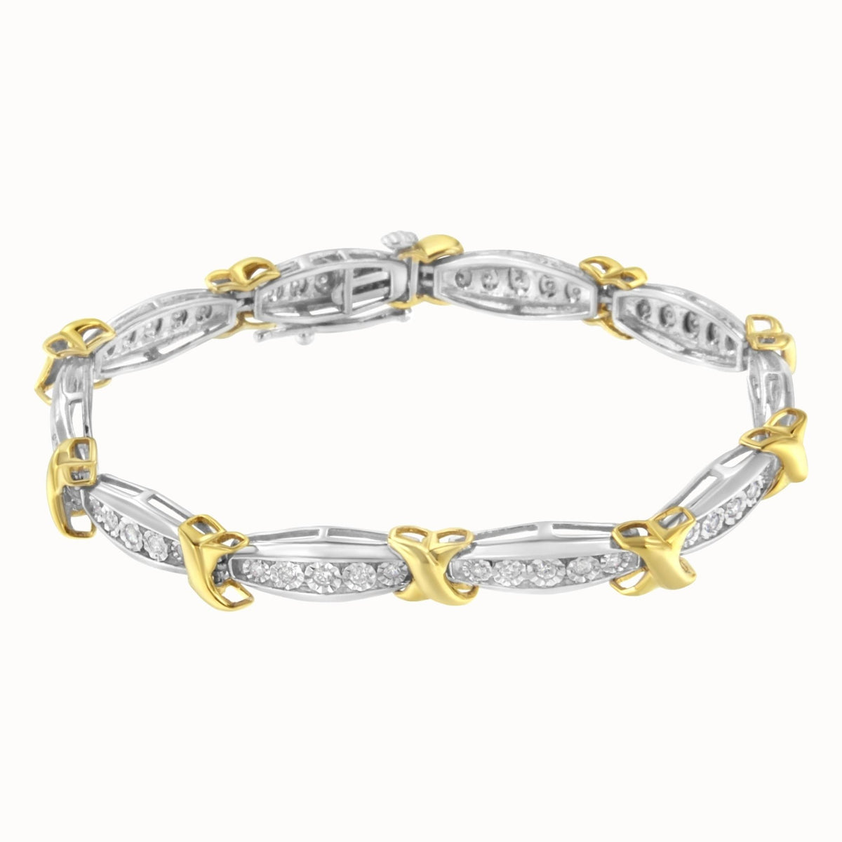 10K Yellow Gold Plated .925 Sterling Silver Two Tone 3/4 CttwDiamond X &amp; O Link Tennis Bracelet (H-I Color, I1-I2 Clarity) - 7” - LinkagejewelrydesignLinkagejewelrydesign