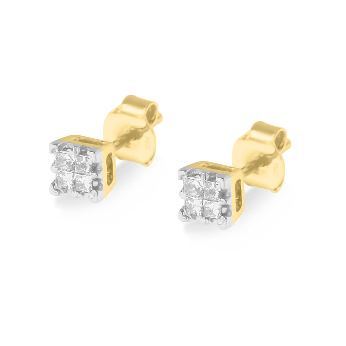 10k Yellow Gold Princess Diamond Quad Stud Earrings (1/4 cttw, J-K Color, I2-I3 Clarity) - LinkagejewelrydesignLinkagejewelrydesign