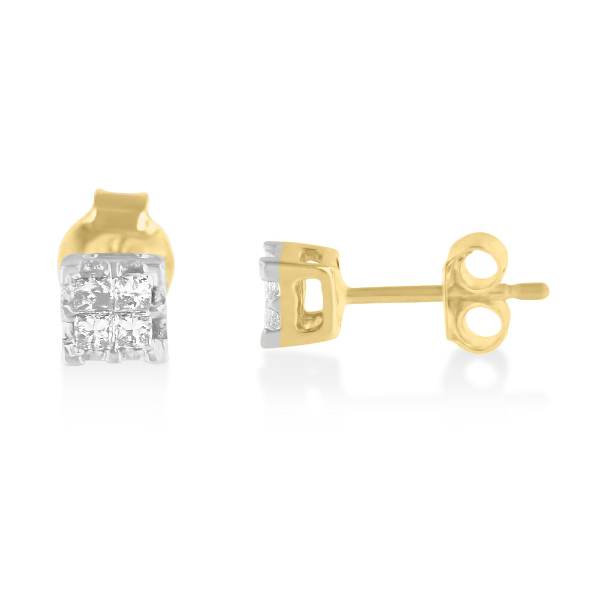 10k Yellow Gold Princess Diamond Quad Stud Earrings (1/4 cttw, J-K Color, I2-I3 Clarity) - LinkagejewelrydesignLinkagejewelrydesign