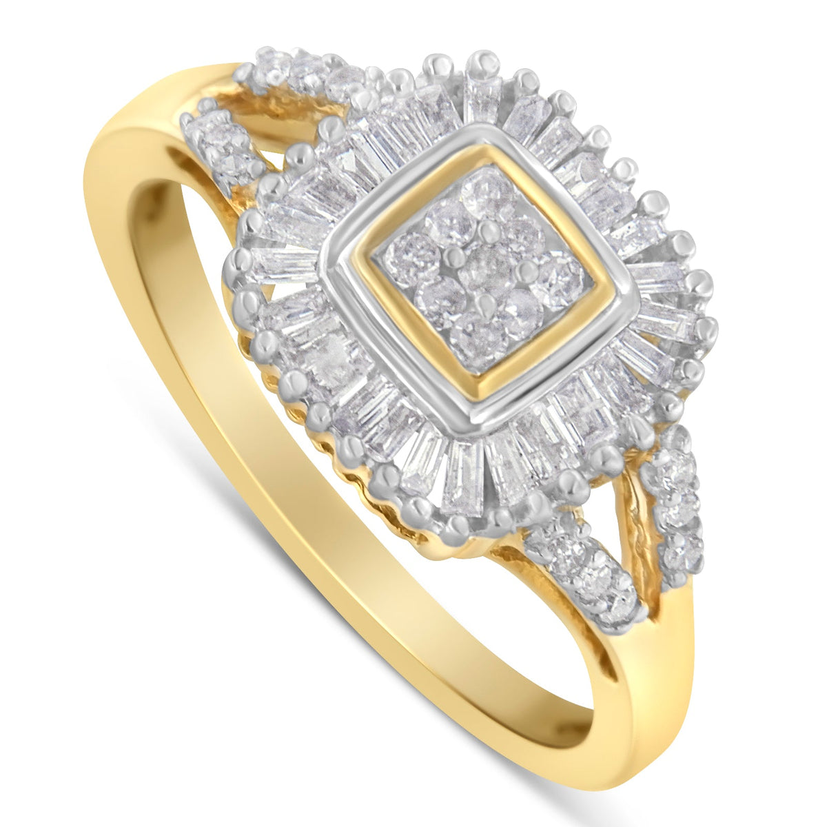 10K Yellow Gold Round and Baguette Cut Diamond Ballerina Ring (1/2 cttw, I-J Color, SI2-I1 Clarity) - LinkagejewelrydesignLinkagejewelrydesign
