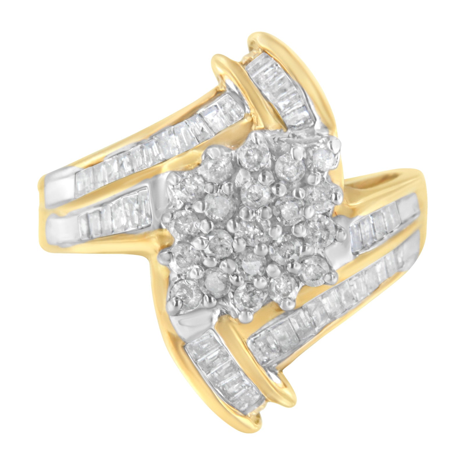 10K Yellow Gold Round and Baguette-Cut Diamond Bypass Cluster Ring (1.0 Cttw, I-J Color, I1-I2 Clarity) - Size 8 - LinkagejewelrydesignLinkagejewelrydesign