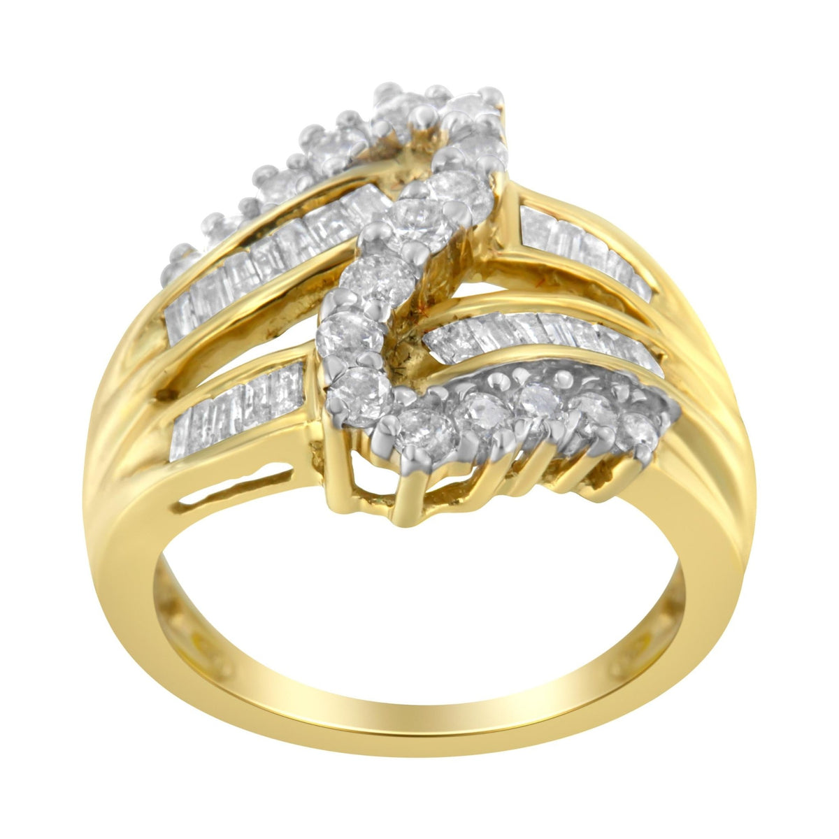 10K Yellow Gold Round and Baguette Cut Diamond Bypass Ring (1 Cttw, J-K Color, I2-I3 Clarity) - Size 7 - LinkagejewelrydesignLinkagejewelrydesign