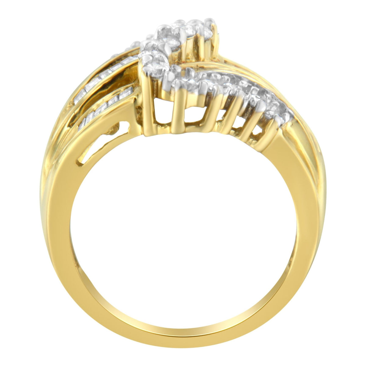 10K Yellow Gold Round and Baguette Cut Diamond Bypass Ring (1 Cttw, J-K Color, I2-I3 Clarity) - Size 7 - LinkagejewelrydesignLinkagejewelrydesign