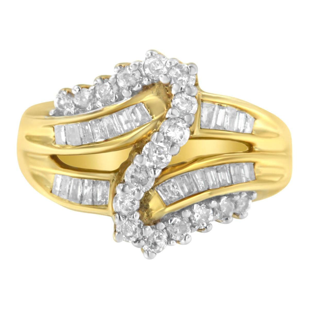 10K Yellow Gold Round and Baguette Cut Diamond Bypass Ring (1 Cttw, J-K Color, I2-I3 Clarity) - Size 7 - LinkagejewelrydesignLinkagejewelrydesign