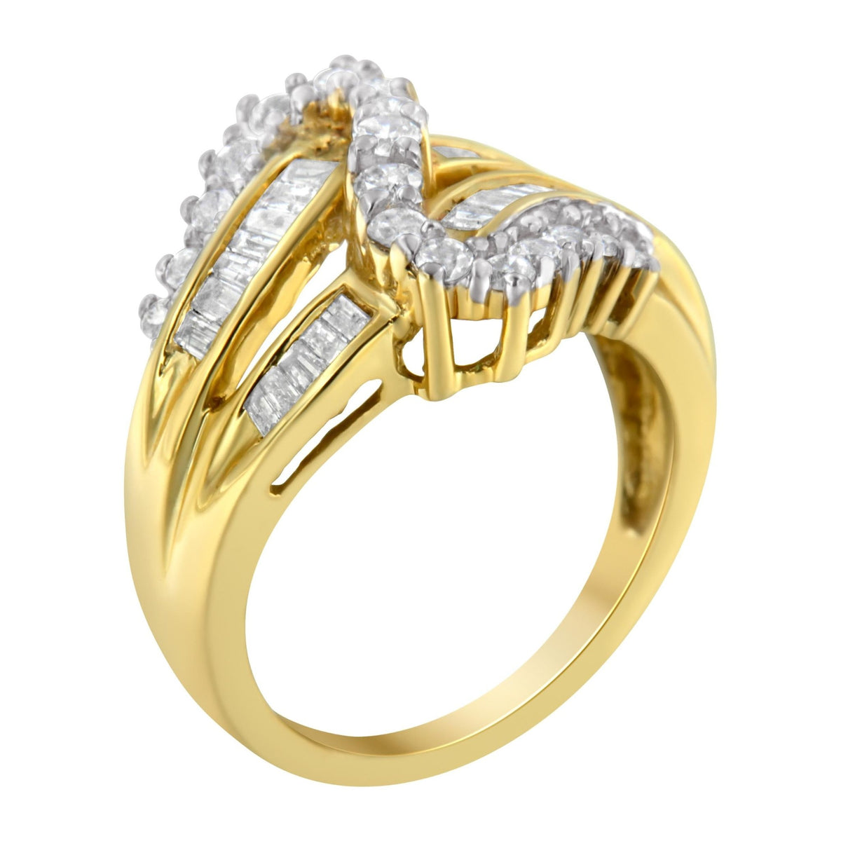 10K Yellow Gold Round and Baguette Cut Diamond Bypass Ring (1 Cttw, J-K Color, I2-I3 Clarity) - Size 7 - LinkagejewelrydesignLinkagejewelrydesign