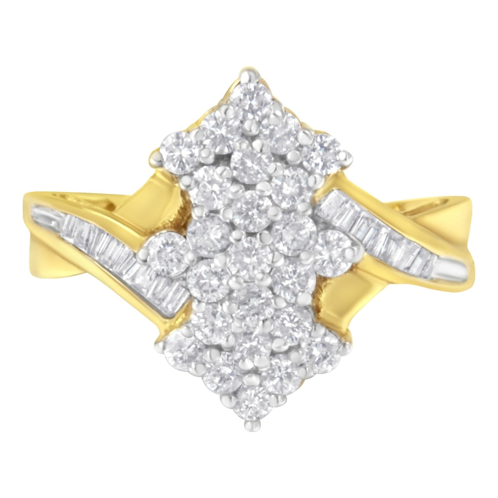 10K Yellow Gold Round And Baguette Cut Diamond Cluster Ring (1 1/10 Cttw, H-I Color, SI2-I1 Clarity) - Size 7 - LinkagejewelrydesignLinkagejewelrydesign